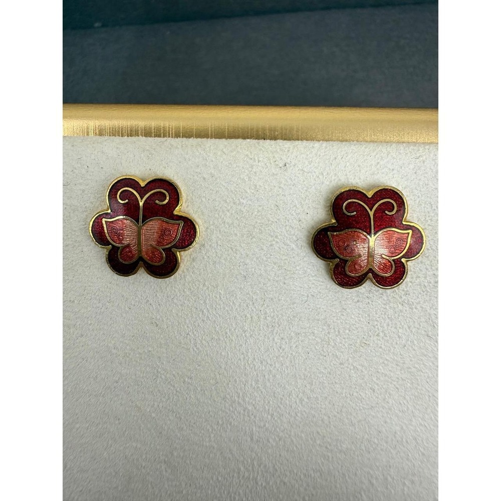 Red Butterfly Stud Earrings Cloisonné Enamel Scalloped Vintage Style Gold Tone